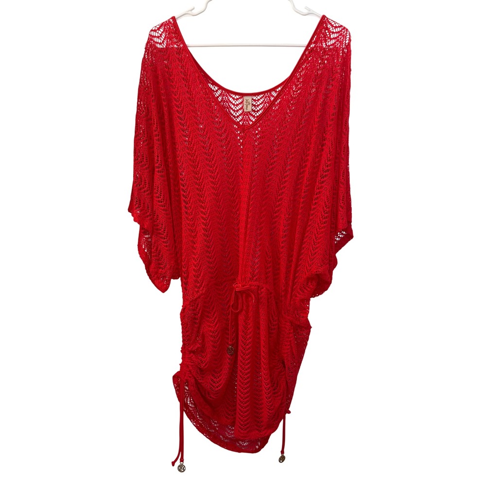 Luli Fama Red Open Knit Crochet Drawstring Swim Cover Up Tunic Medium
